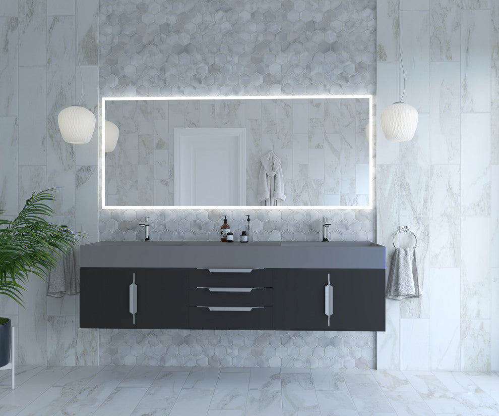 CastelloUSA Amazon 72" Wall Mounted Vanity Set, Black, Gray Top, Chrome Handles