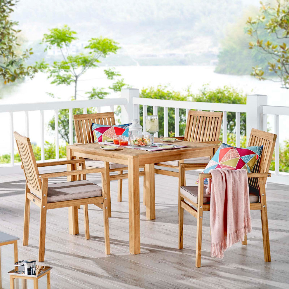 Side Dining Chair and Table Set, Wood, Brown Natural Taupe Gray, Modern, Outdoor
