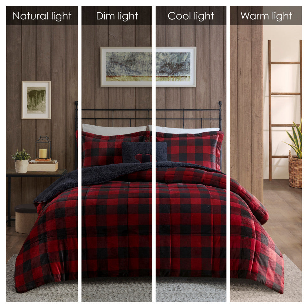 Woolrich Alton Plush to Sherpa Winter Comforter Set, Red Buffalo Check, King