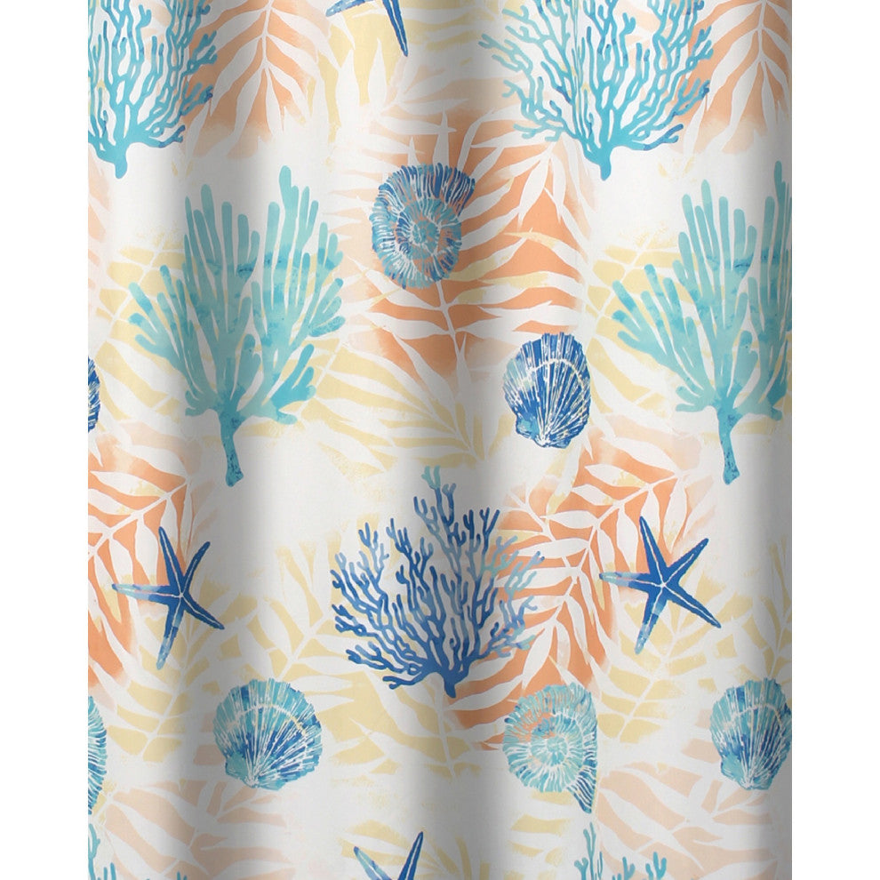 Benzara BM293438 Shower Curtain, White Blue Polyester, Seashells/Ferns Print