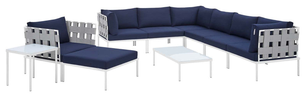 Harmony 10-Piece Sunbrella Outdoor Patio Aluminum Sectional Sofa Set, Gray Navy