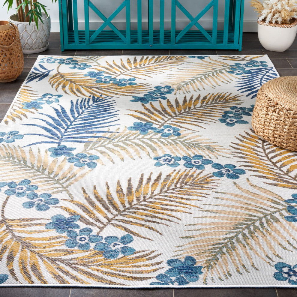 Safavieh Sunrise Collection SUN675 Indoor-Outdoor Rug, Ivory/Blue Gold, 4'x5'7"