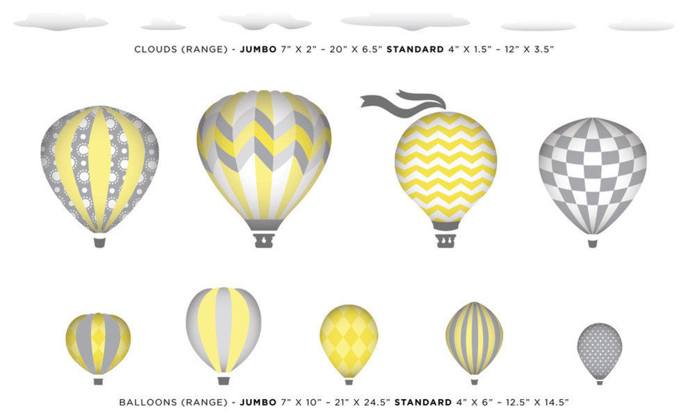Hot Air Balloons Fabric Wall Decals, Jumbo size in Yellow, Set of 9