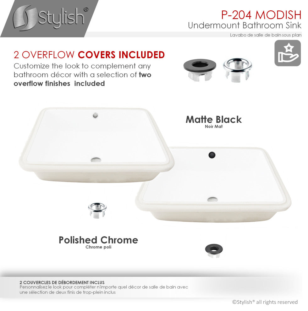 STYLISH 20" Rectangular Undermount Ceramic Bathroom Sink, 2 Overflow Finishes