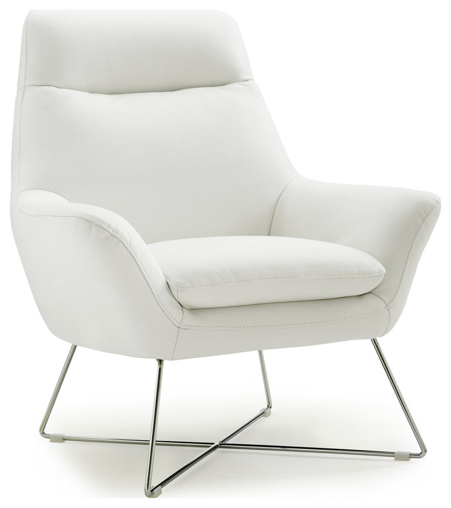 HomeRoots Chair White Top Grain Italian Leather Stainless Steel Legs.