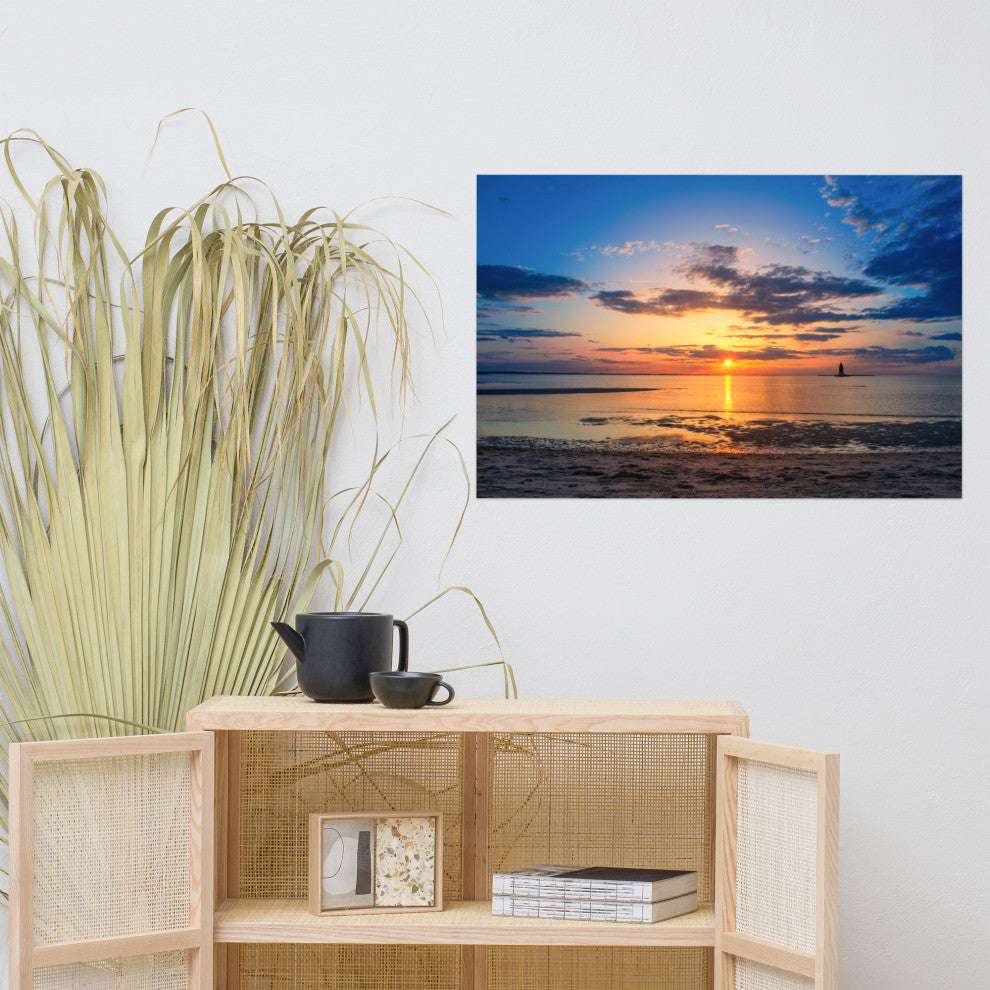 Sunset at Breakwater Lighthouse Coastal Landscape Unframed Wall Art Print, 24" X 36"