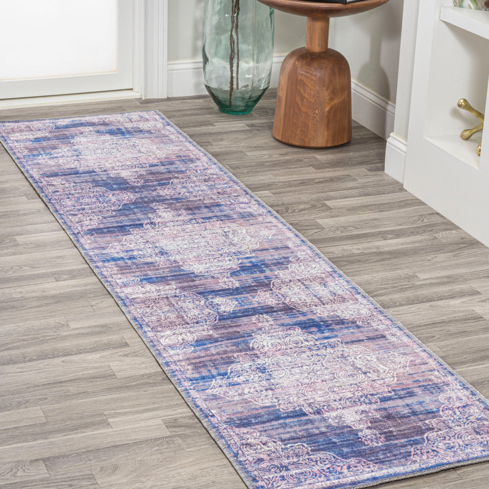 Regis Bohemian Medallion Machine Washable Indoor Area Rug, Blue, 2 X 8