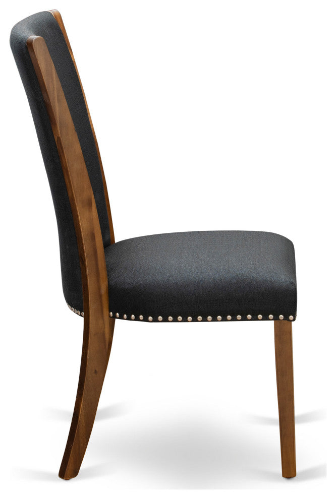 Set Of 2, Dinner Chairs, Antique Walnut Wooden Frame, Black Seat