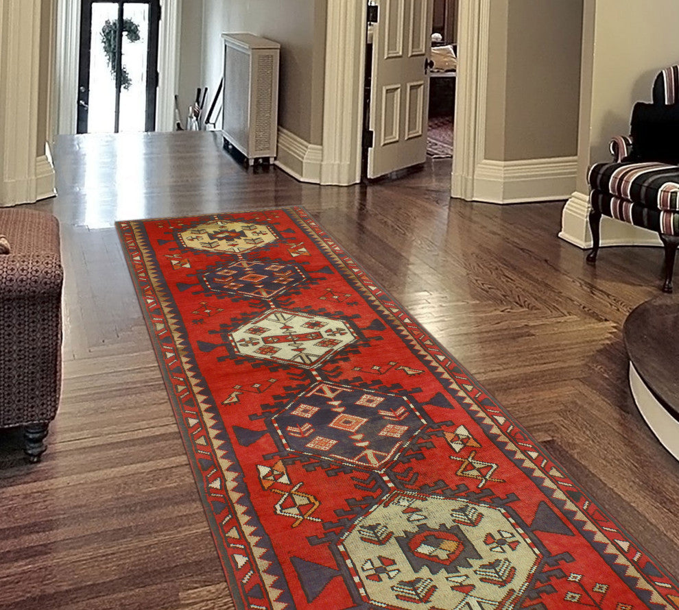 Fine Vintage Distressed Faris Rust/Navy Runner, 3'5x9'9