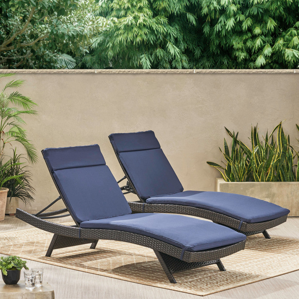 GDF Studio Florida Outdoor Chaise Lounge Chairs With Navy Cushions, Set of 2
