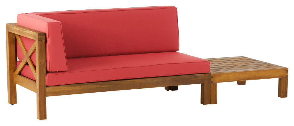 Keith Outdoor Left Arm Loveseat and Coffee Table Set, Red/Teak