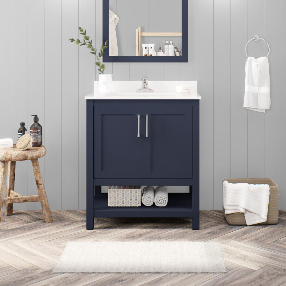 Ove Decors Vegas Single Sink Bathroom Vanity Set With Countertop, White, Midnight Blue, 30"