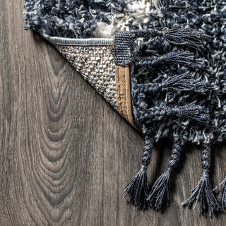 Mercer Shag Plush Tassel Moroccan Diamond Area Rug, Denim Blue/Cream, 3 X 5