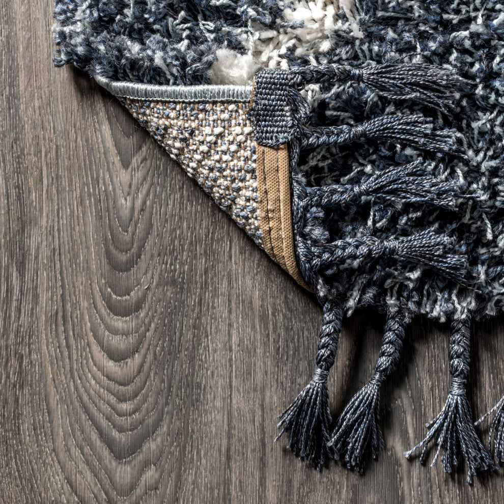Mercer Shag Plush Tassel Moroccan Diamond Area Rug, Denim Blue/Cream, 3 X 5