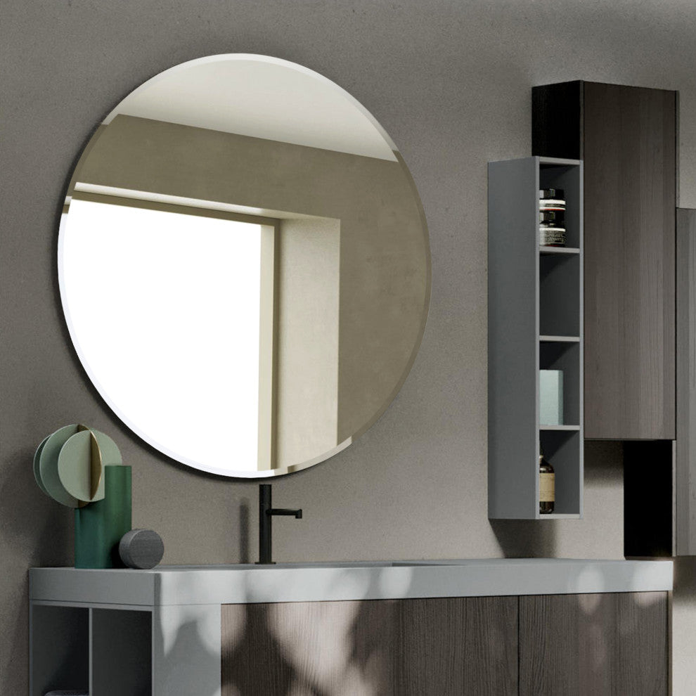 Round Beveled Polished Frameless Wall Mirror With Hooks, 36"