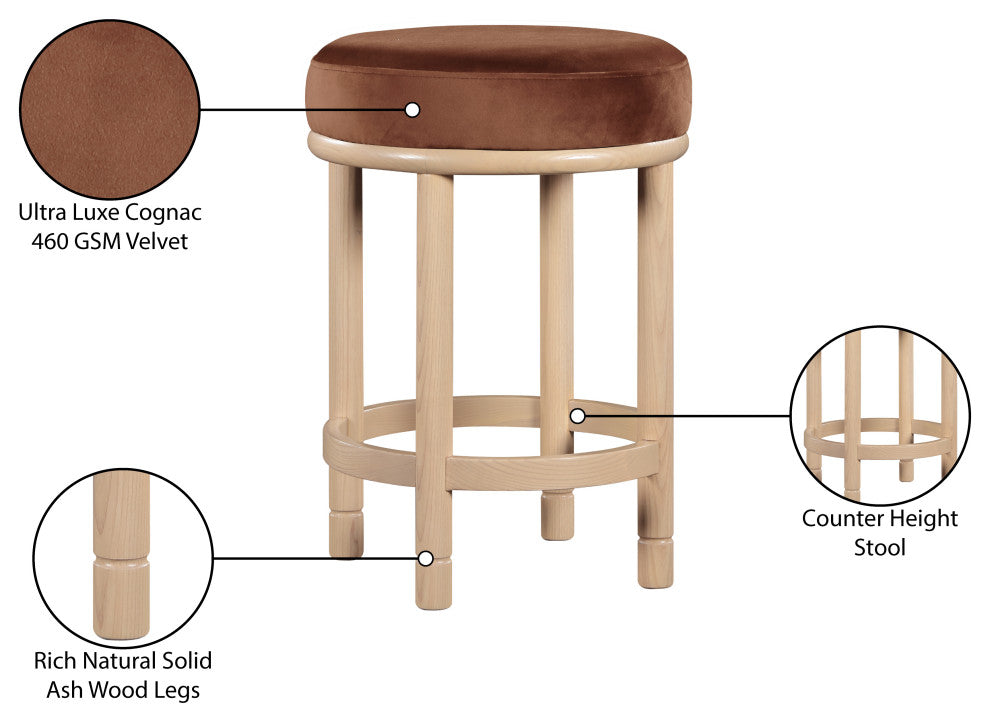 Monette Upholstered Bar and Counter Stool, Cognac, Velvet, Natural Finish