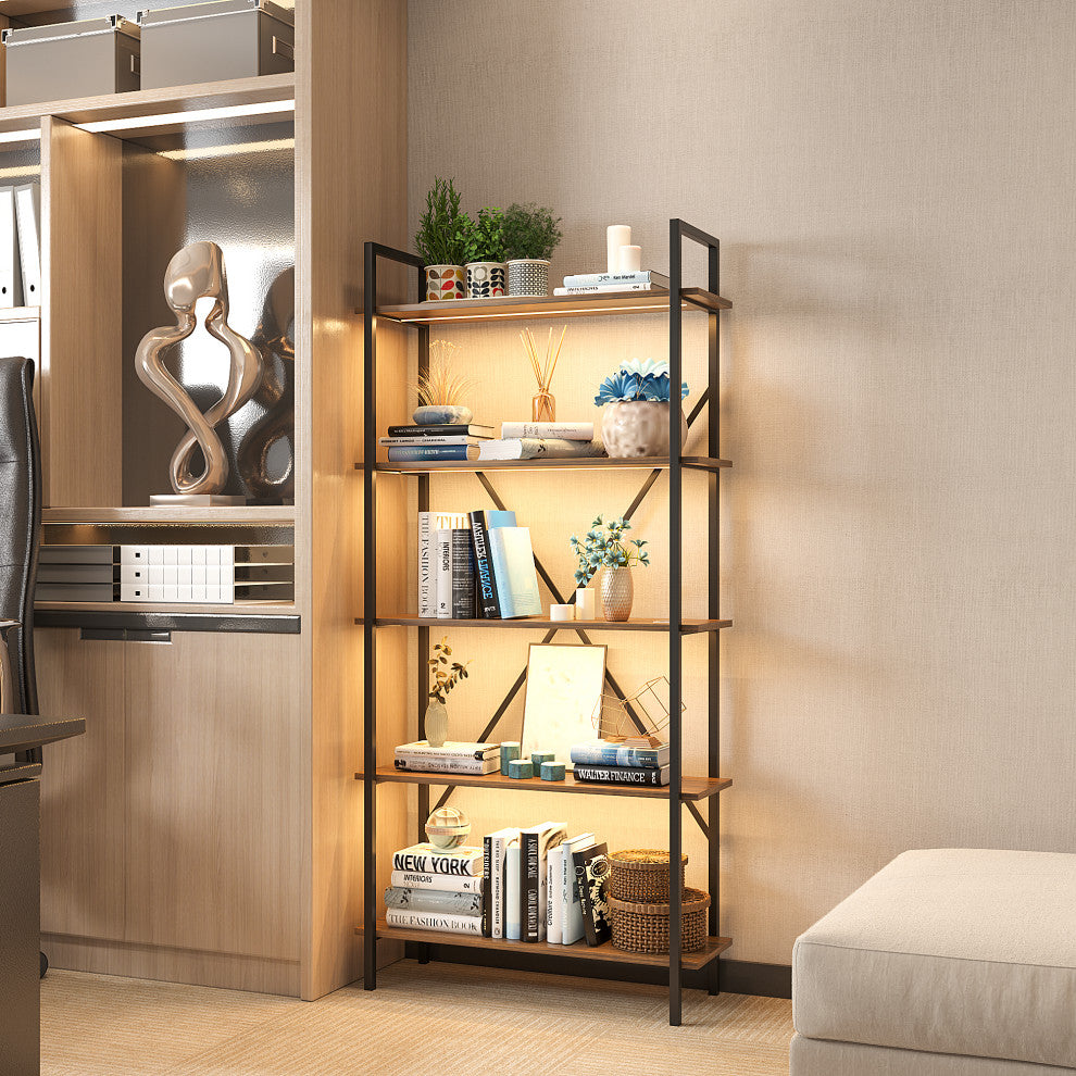 Multifunctional Smart Industrial 5-Shelf Bookcase W/ Tricolor Dimming LED Light,