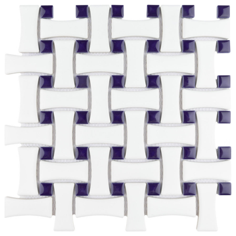 Metro Dog Bone Basketweave White w/Cobalt Dot Porcelain Floor and Wall Tile