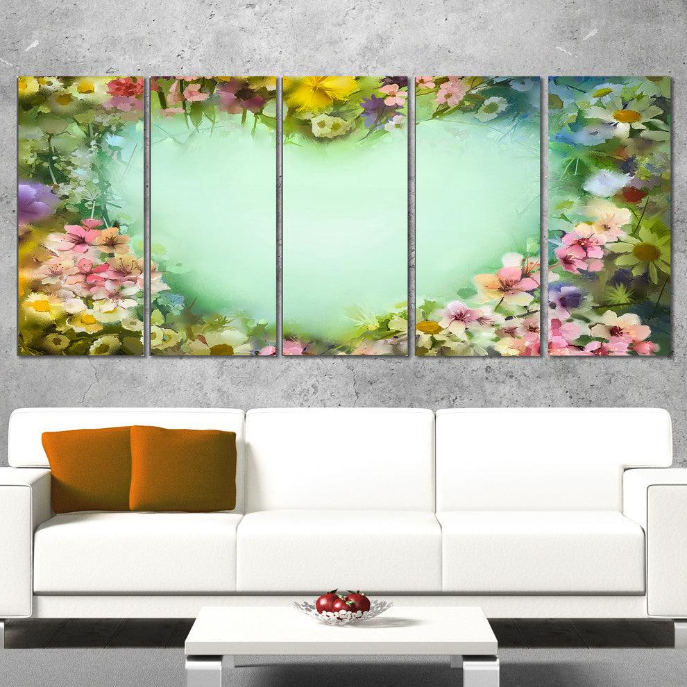 Vintage Flowers with Heart Shape, Large Floral Canvas Artwork, 60"x28", 5 Panels