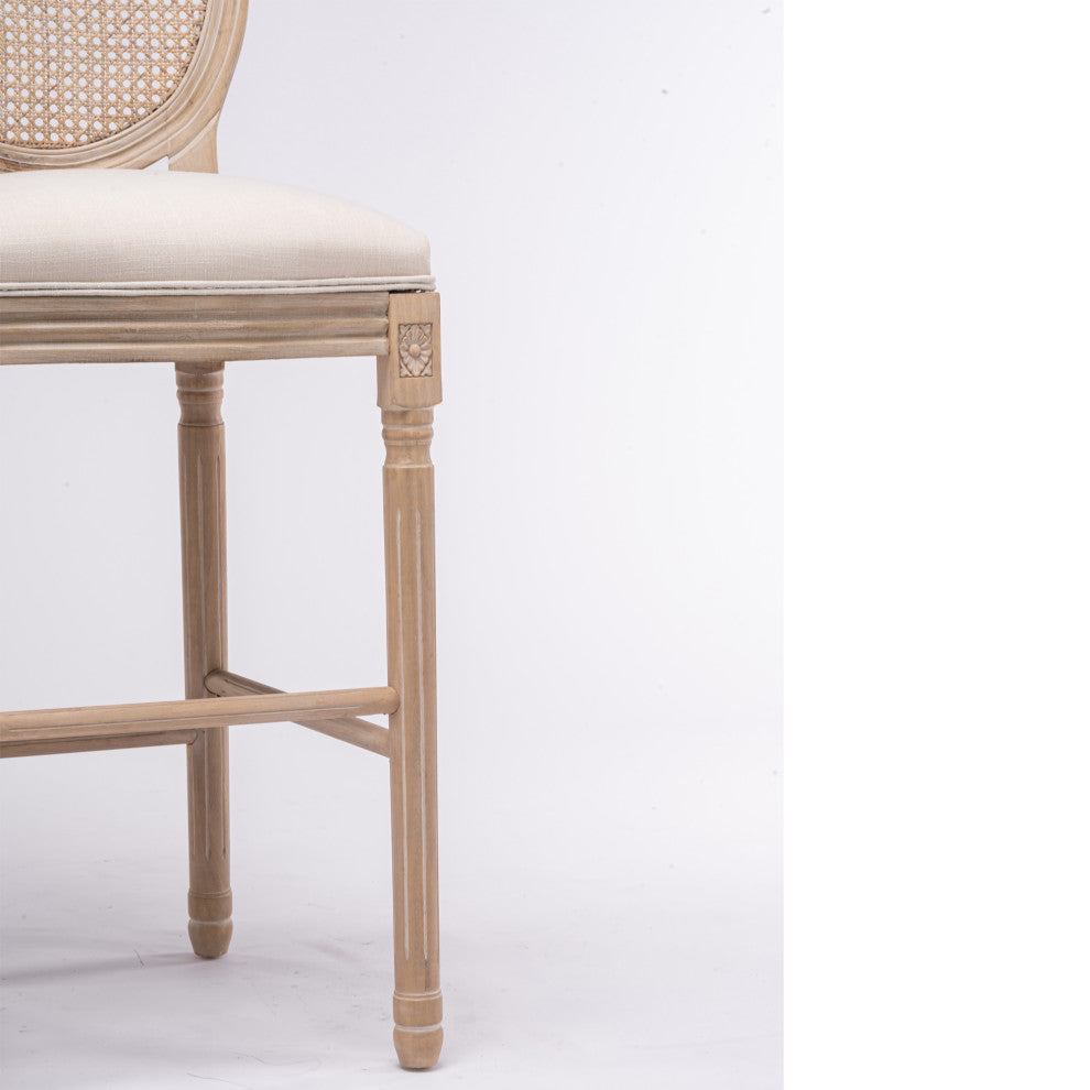 Elegant French High-Bar Chairs with Rattan Mesh Backrest and Solid Wood Frame, Cream Beige