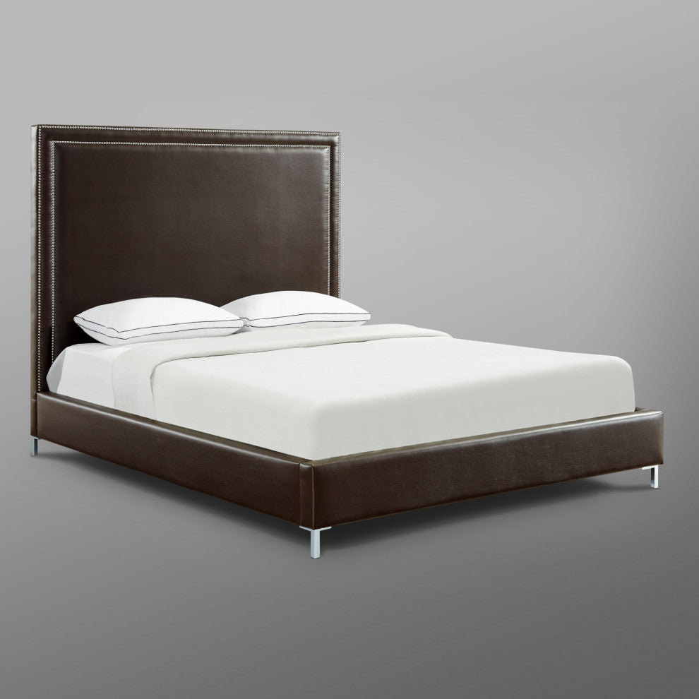 Giovanna Nailhead Trim Platform Bed, Espresso Leather Pu, King