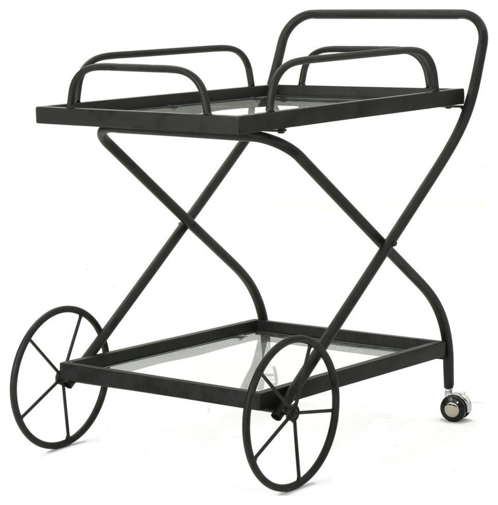 GDF Studio Presley Indoor Black Iron Bar Cart With Tempered Glass Shelves