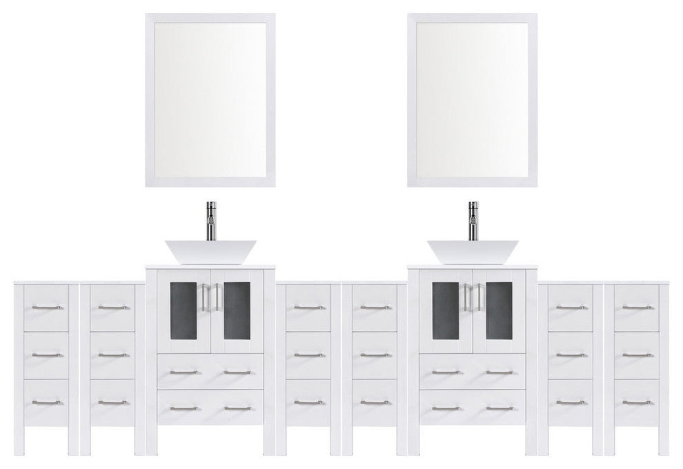 Modern Vanity Set With Two Sink Bases With Mirrors and Six Drawer Bases, White,