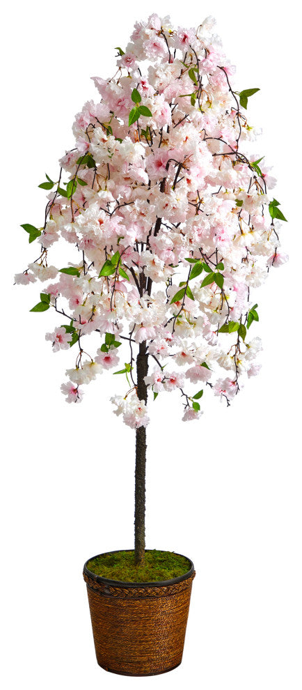 70" Cherry Blossom Artificial Tree, Wicker Planter