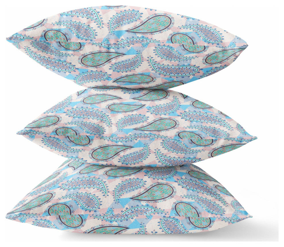 16" Blue Green Boho Paisley Indoor Outdoor Throw Pillow