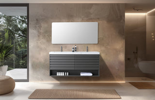 Matera Wall Mount Modern Bathroom Vanity, Charcoal, 60", White Countertop