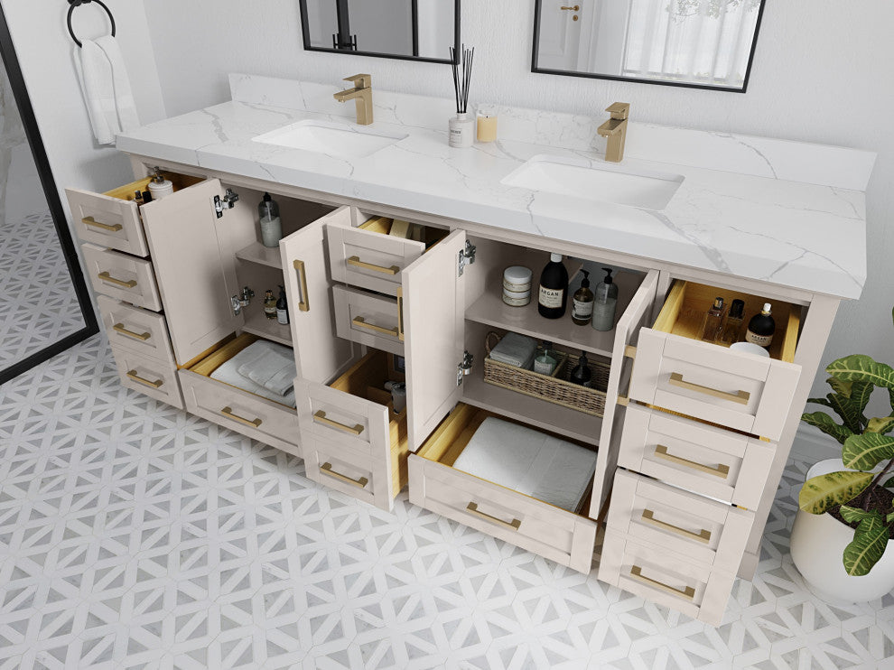 Boston 84" Double Sink Bath Vanity in Fine Grain 2" White Quartz