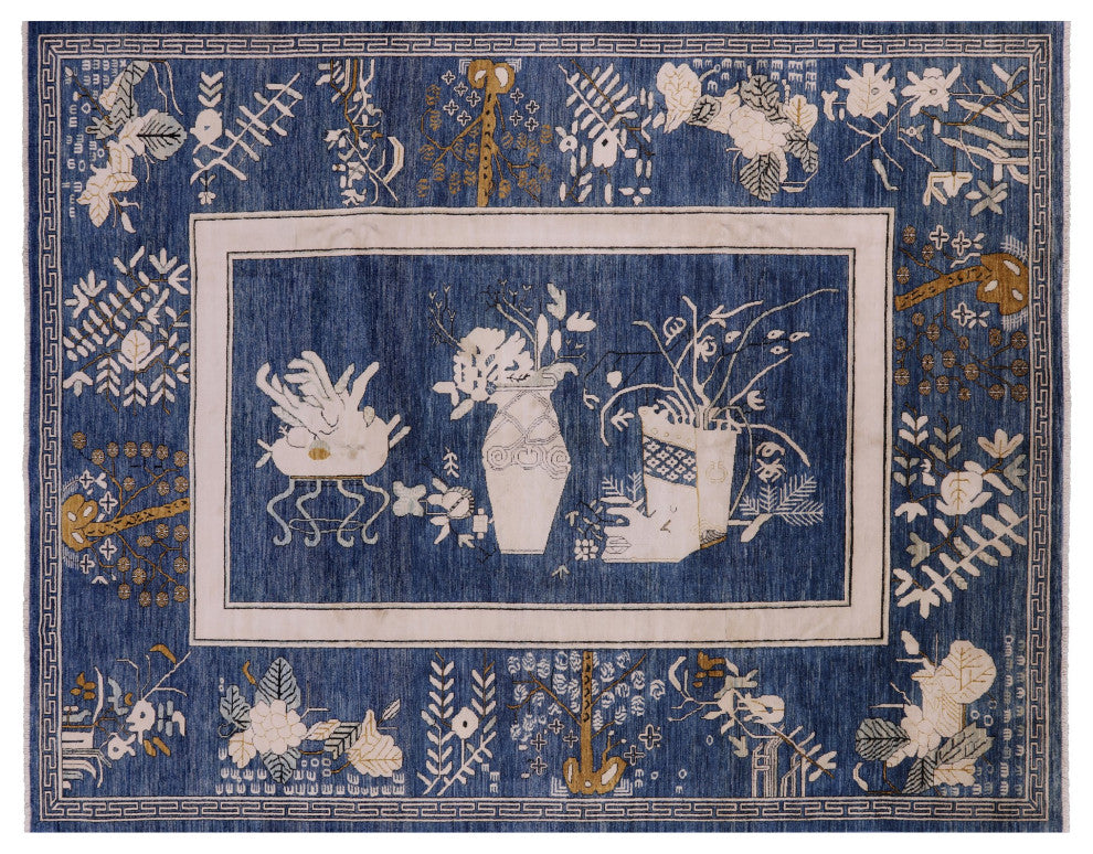 Contemporary Floral Handmade Wool and Silk Rug 9' 1" X 11' 8" Q4760