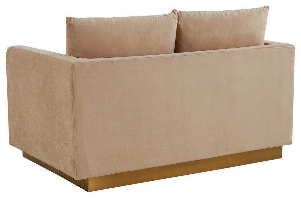 LeisureMod NS55BG Nervo Beige Mid-Century Velvet Loveseat Gold Frame