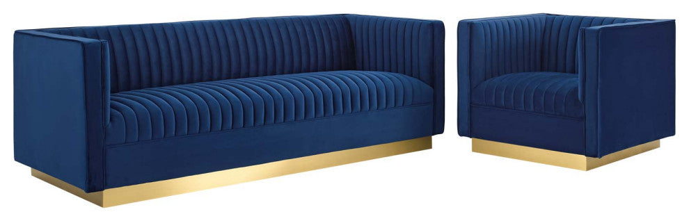Tufted Upholstered Performance Velvet Sofa and Armchair Set - Navy