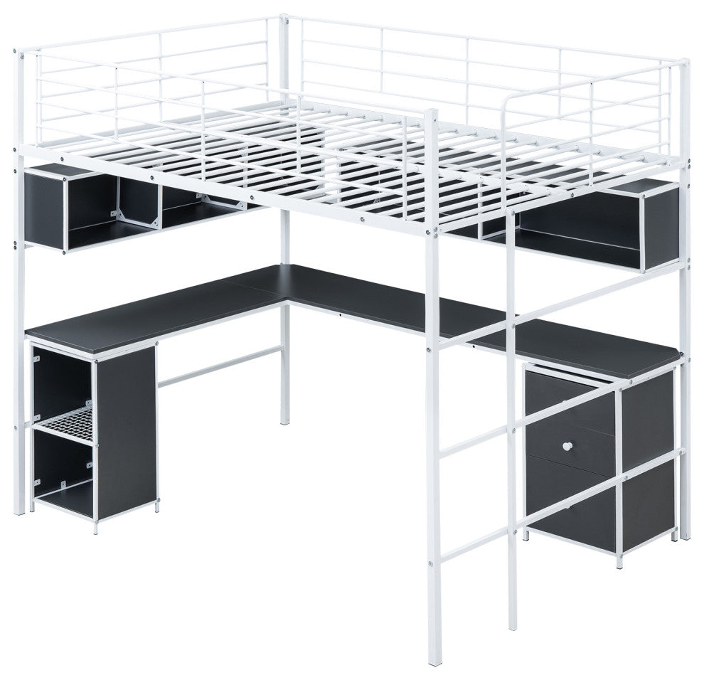 Gewnee Metal Loft Bed with bookcase, desk and cabinet, Full, White