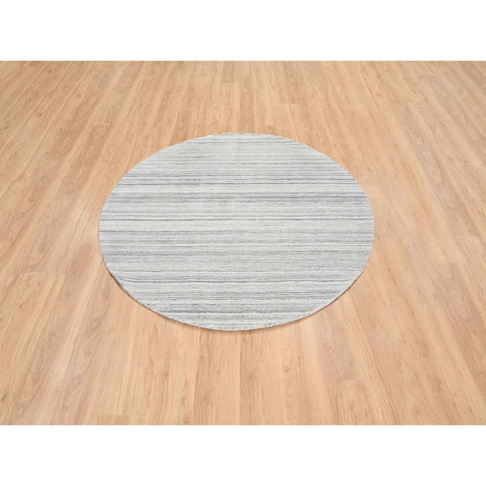 Gray, Hand Loomed, Undyed Natural Wool Modern Design Round Rug, 6'0"x6'0"