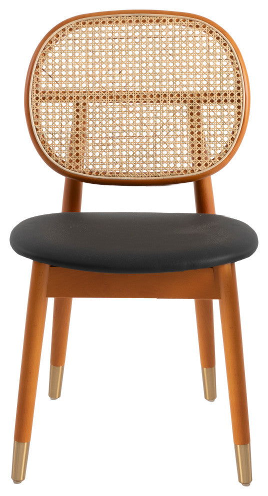 LeisureMod Holbeck Wicker Dining Chair With Leather Seat Set of 2, Black