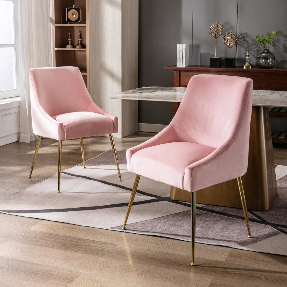 WestinTrends 2PC Velvet Upholstered Accent Chair Set w/ Gold Metal Legs, Pink