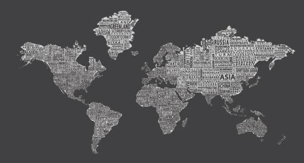 1-World Text Map Wall Mural, Inverse Grey, Wallpaper, 8 panel, 142x76"