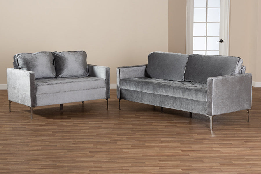 Clara Grey Velvet Fabric 2-Piece Living Room Set