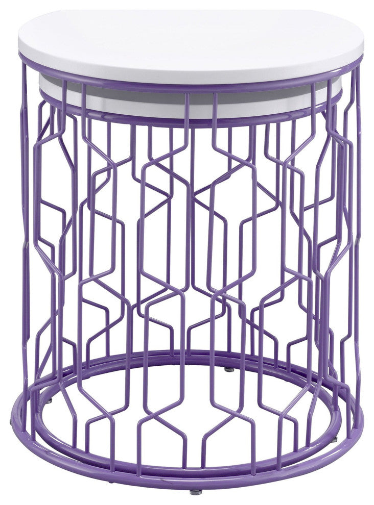 Set of 2 Nesting Nightstand, Geometric Metal Base With Round Top, Purple