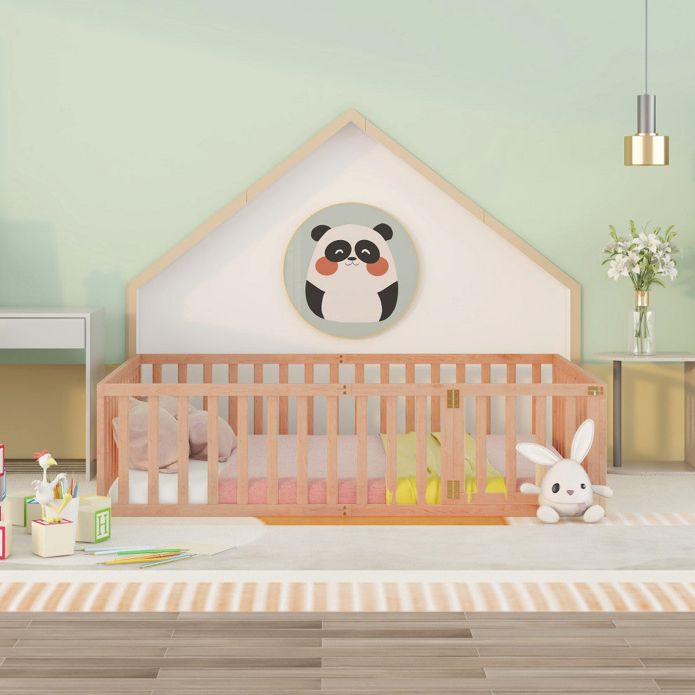 TATEUS Stylish and Versatile Floor Bed for Kids"™Bedroom Fences, Natural, Queen