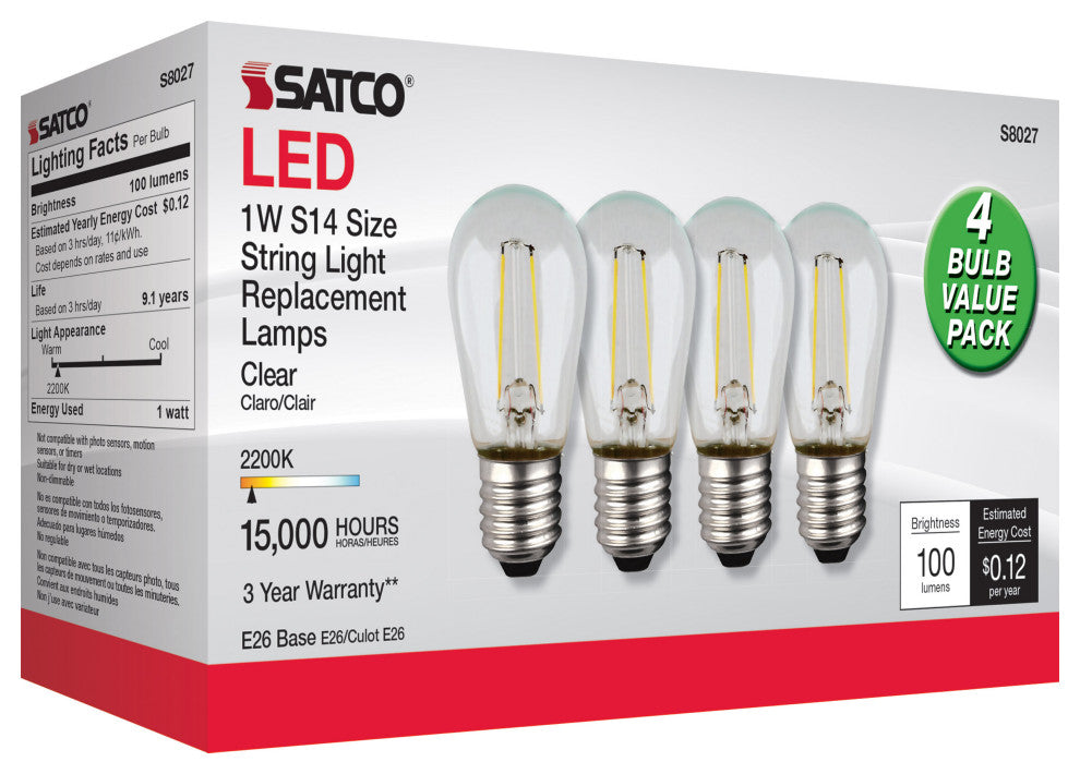 S14 LED String Light Replacement Bulb, 2200K, 120V, Replacement 4-Pack