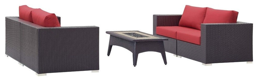 Espresso Red Convene 5 Piece Set Outdoor Patio with Fire Pit