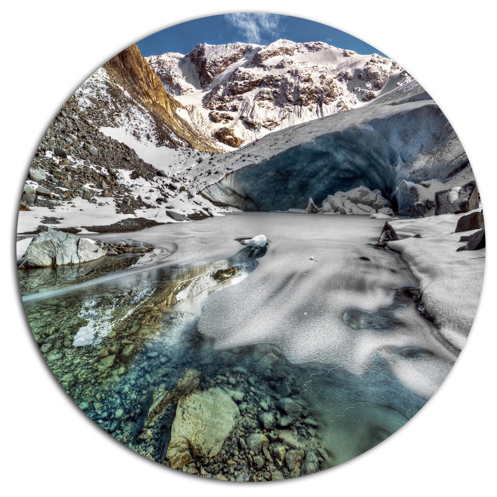 Cave In Rugged Rocky Setting, Landscape Disc Metal Wall Art, 23"