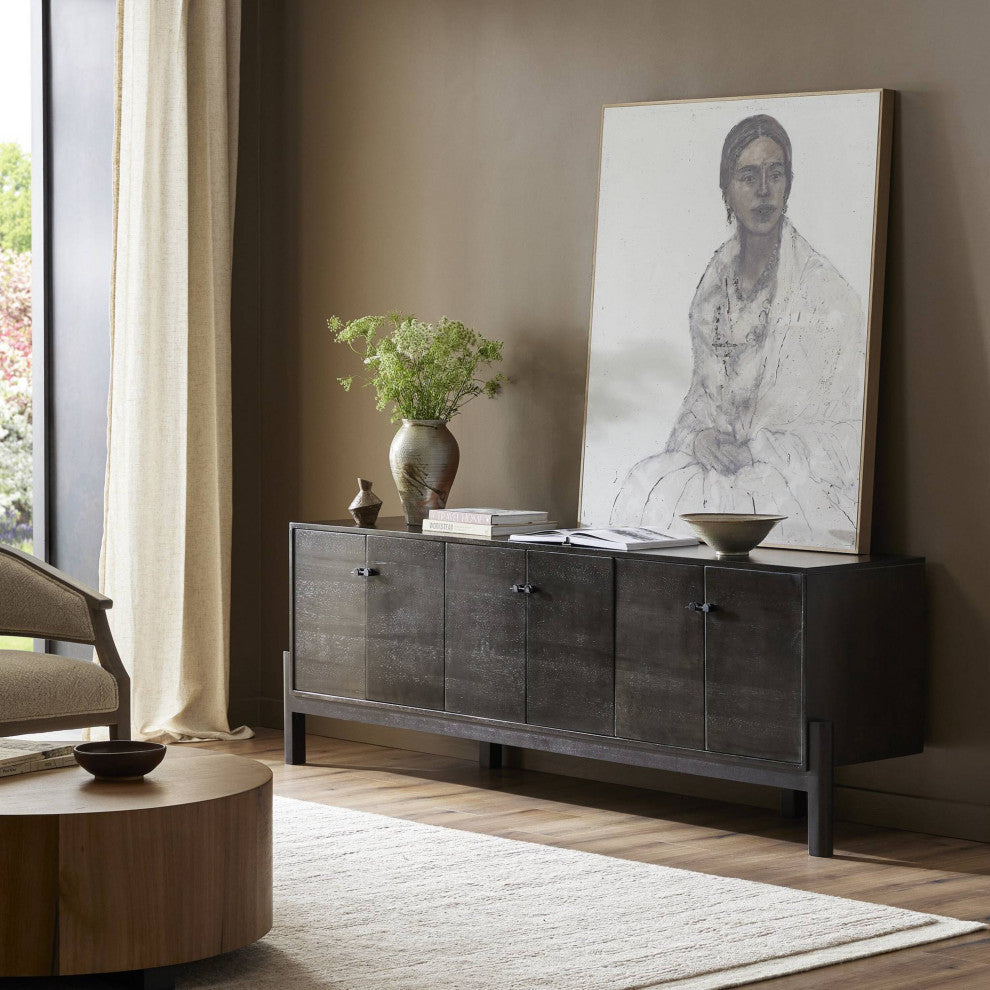 Reza Media Console Worn Black Parawood, Gunmetal Black, Worn Black Acacia