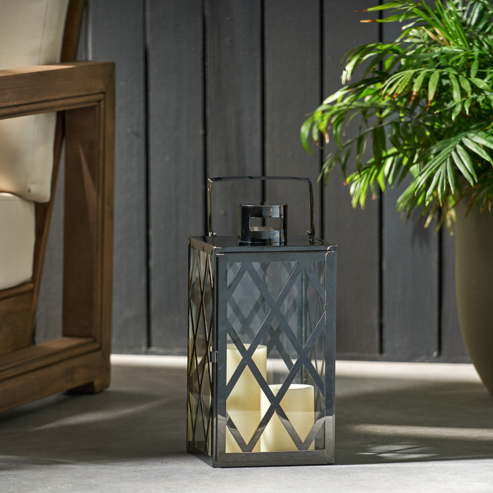 Cecil Outdoor 14" Modern Stainless Steel Lantern, Black