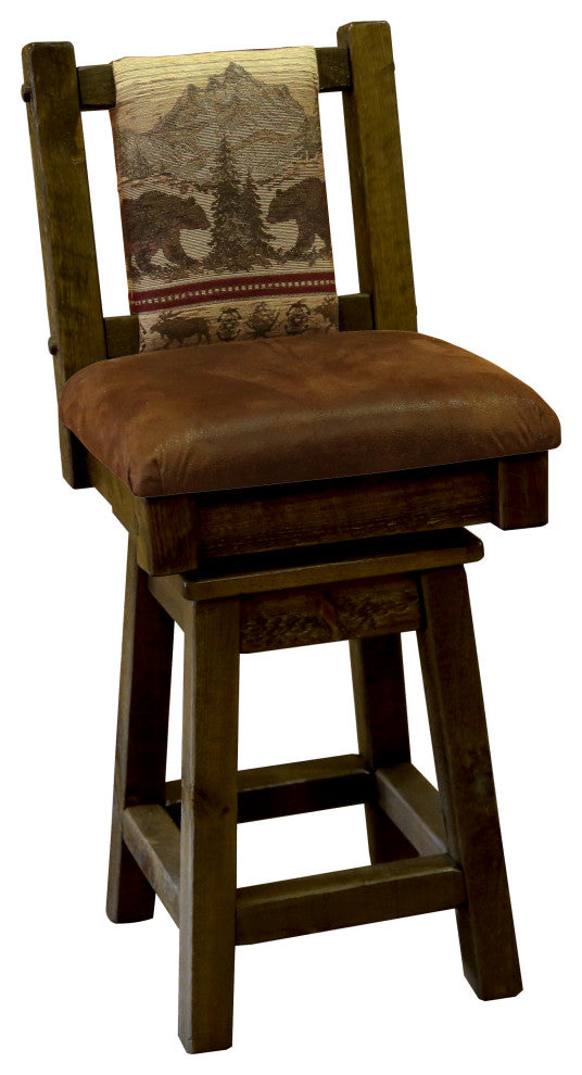 Barnwood Style Timber Peg Swivel Upholstered Barstool, Driftwood, Bear Run and Palomino Tobacco, Counter Height