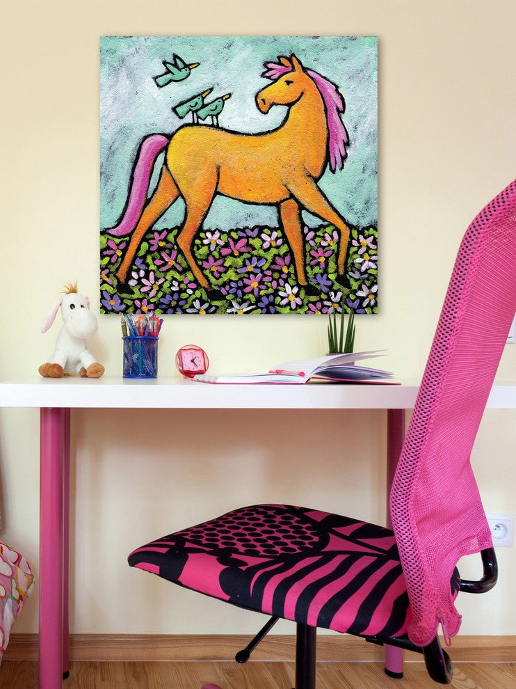 "Bluebirds on Yellow Horse" by Janet Nelson Painting on Wrapped Canvas, 48x48