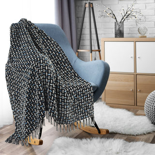 Modern Interwoven Throw Blanket with Fringe, Black/Blue/White